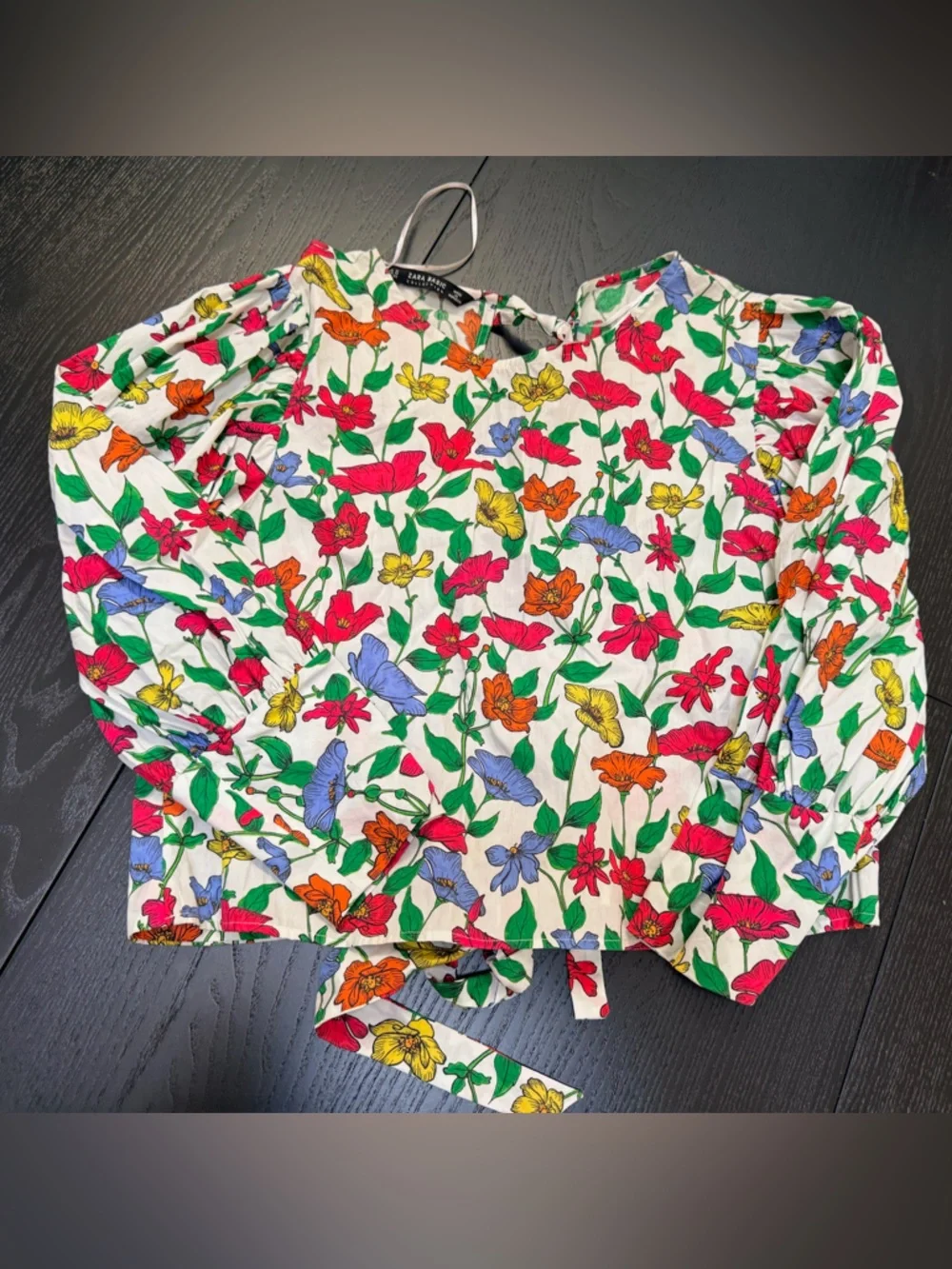 Zara White Floral Tie-Front Puff Sleeve Blouse